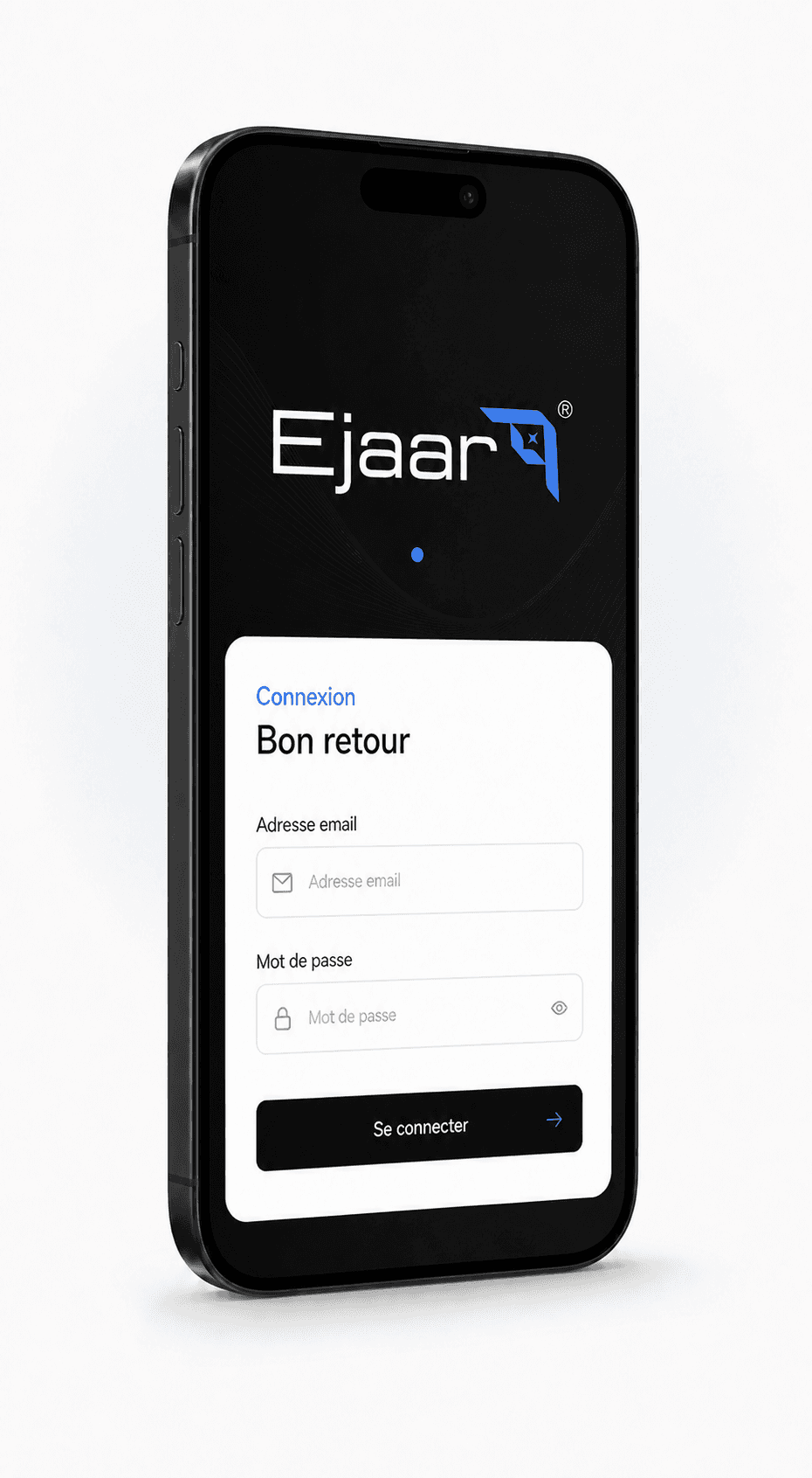 Aperçu de l’écran de connexion de l’application EJAAR sur smartphone